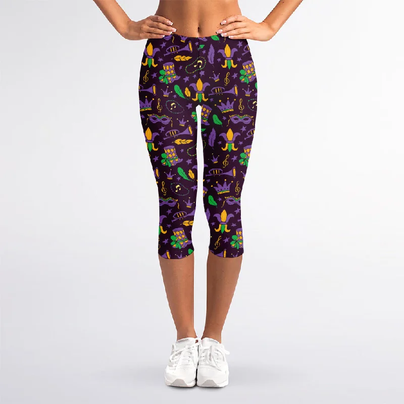 Mardi Gras Party Pattern Print Women's Capri Leggings Trendy Cut-Out Activewear Leggings Mardi Gras Party Pattern Print Women's Capri Leggings Trendy Cut-Out Activewear Leggings