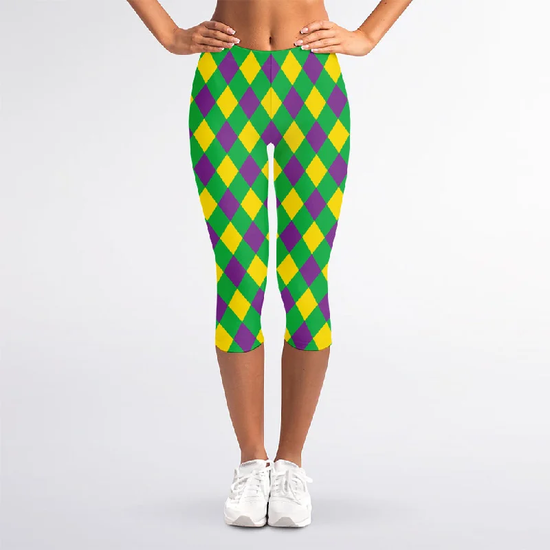 Mardi Gras Plaid Pattern Print Women's Capri Leggings Cozy Mid-Rise Workout Leggings Mardi Gras Plaid Pattern Print Women's Capri Leggings Cozy Mid-Rise Workout Leggings