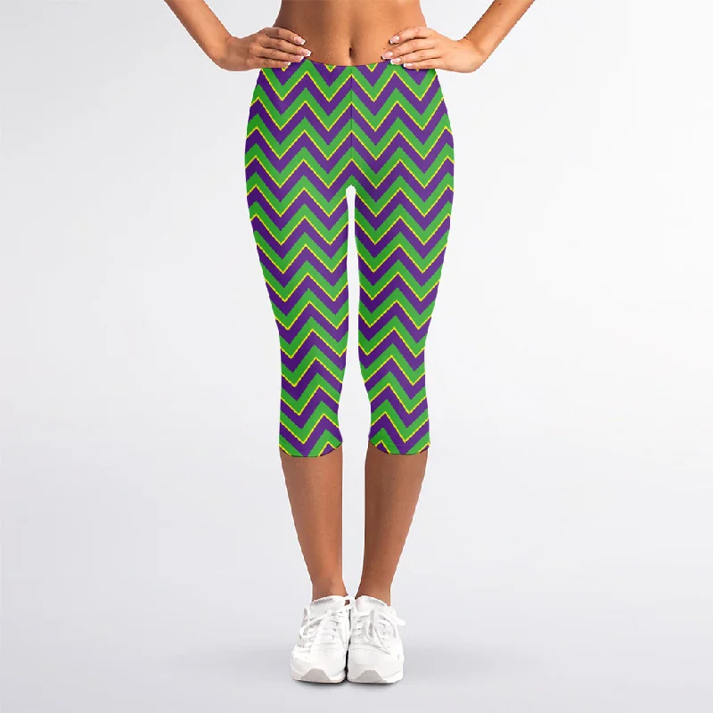 Mardi Gras Zigzag Pattern Print Women's Capri Leggings Fashionable Stretchy Fit Leggings Mardi Gras Zigzag Pattern Print Women's Capri Leggings Fashionable Stretchy Fit Leggings