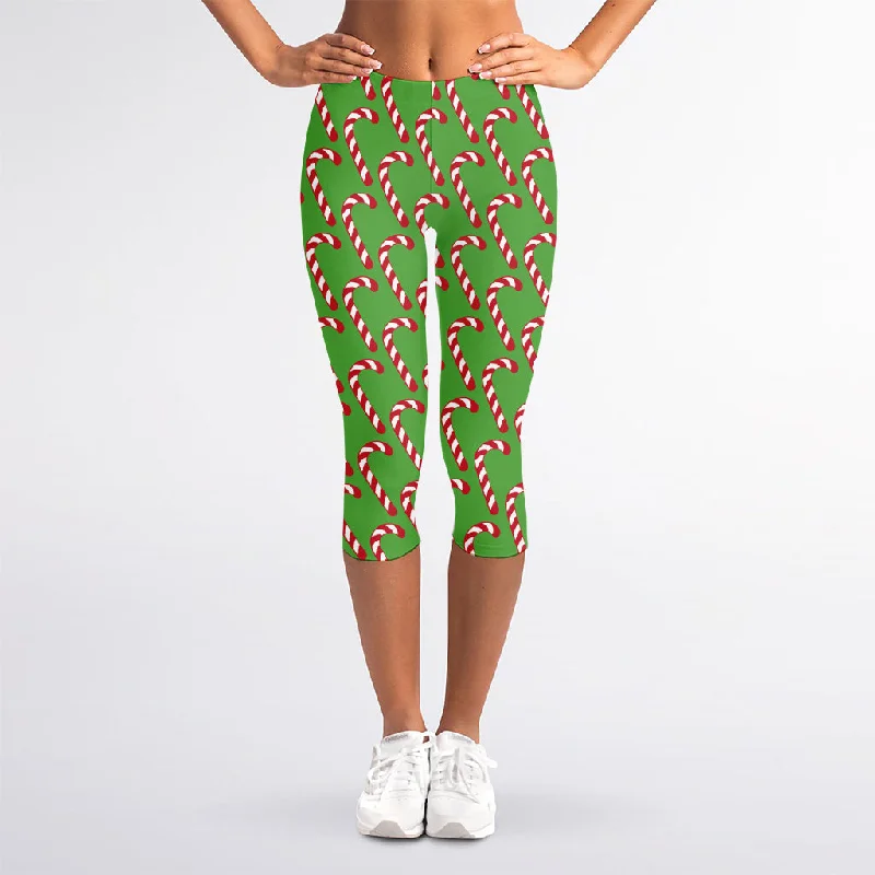 Merry Christmas Candy Cane Pattern Print Women's Capri Leggings Trendy Fitness Leggings Merry Christmas Candy Cane Pattern Print Women's Capri Leggings Trendy Fitness Leggings