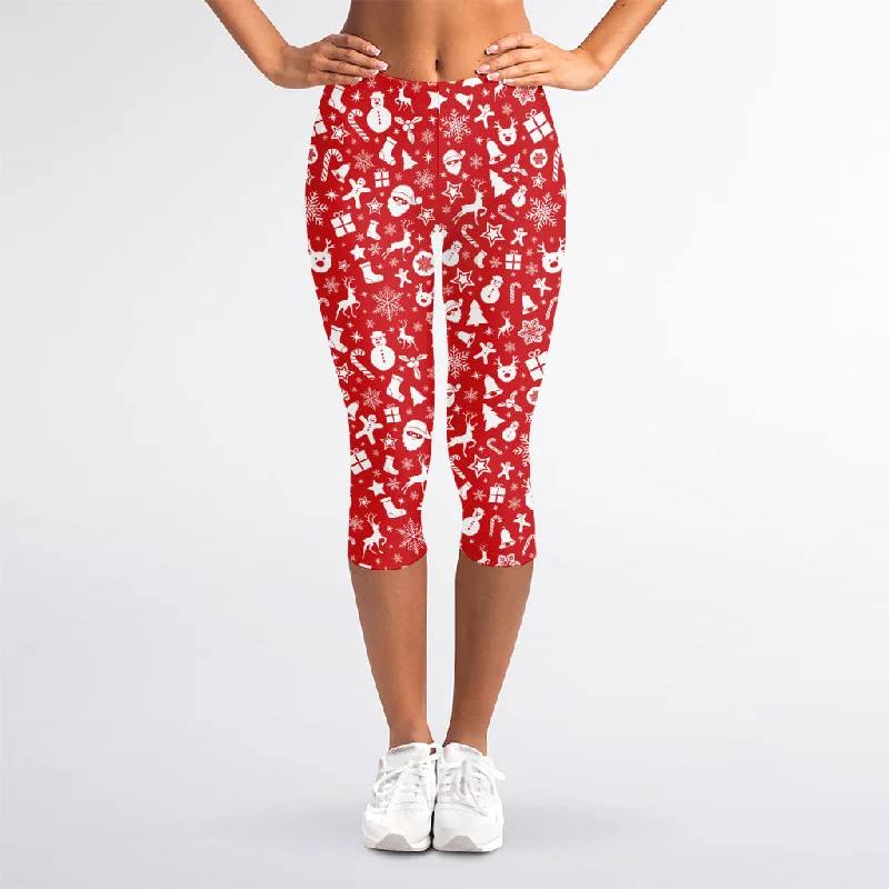 Merry Christmas Elements Pattern Print Women's Capri Leggings Comfortable Cold Weather Leggings Merry Christmas Elements Pattern Print Women's Capri Leggings Comfortable Cold Weather Leggings