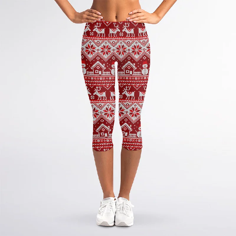 Merry Christmas Knitted Pattern Print Women's Capri Leggings Fashionable Sports Compression Leggings Merry Christmas Knitted Pattern Print Women's Capri Leggings Fashionable Sports Compression Leggings