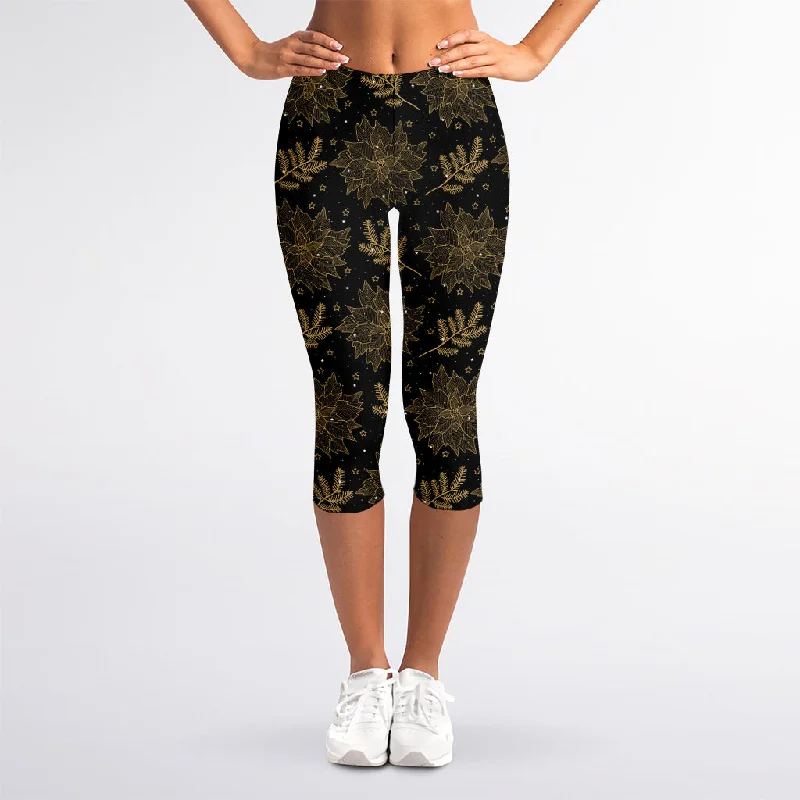Merry Christmas Poinsettia Pattern Print Women's Capri Leggings Trendy High-Waist Tummy Control Leggings Merry Christmas Poinsettia Pattern Print Women's Capri Leggings Trendy High-Waist Tummy Control Leggings