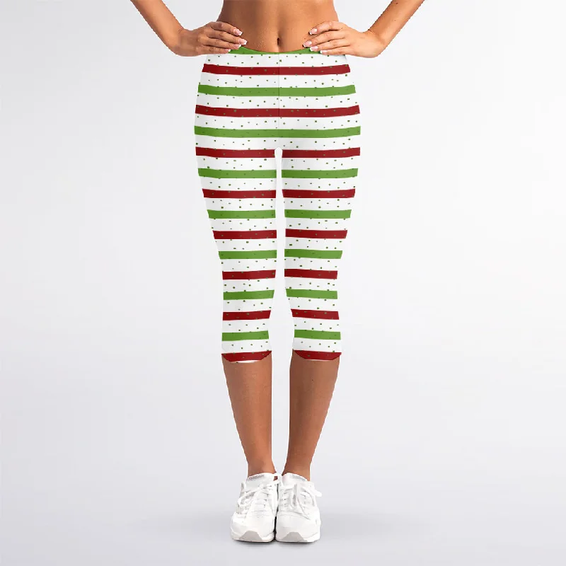 Merry Christmas Striped Pattern Print Women's Capri Leggings Trendy Side-Pocket Leggings Merry Christmas Striped Pattern Print Women's Capri Leggings Trendy Side-Pocket Leggings