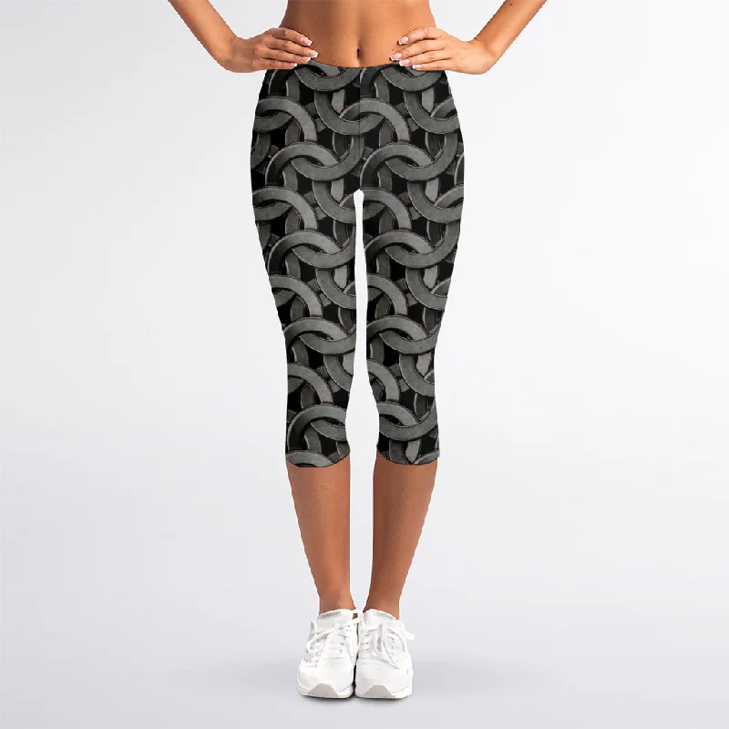 Metal Chainmail Pattern Print Women's Capri Leggings Comfortable Power Mesh Leggings Metal Chainmail Pattern Print Women's Capri Leggings Comfortable Power Mesh Leggings