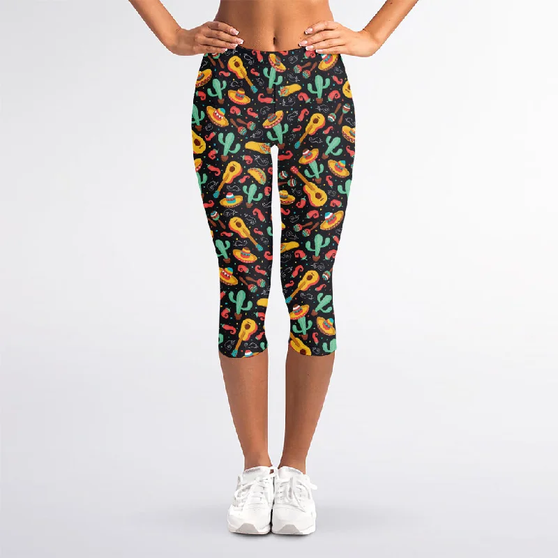 Mexico Cinco de Mayo Pattern Print Women's Capri Leggings Elegant Satin Finish Leggings Mexico Cinco de Mayo Pattern Print Women's Capri Leggings Elegant Satin Finish Leggings