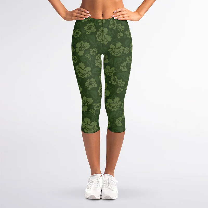 Military Green Camo Flower Pattern Print Women's Capri Leggings Chic Floral Print Leggings Military Green Camo Flower Pattern Print Women's Capri Leggings Chic Floral Print Leggings