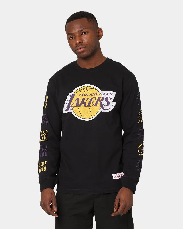 Mitchell & Ness Los Angeles Lakers Split Logo Repeat Long Sleeve T-Shirt Standard Black Embroidered Appliqued Beaded Mitchell & Ness Los Angeles Lakers Split Logo Repeat Long Sleeve T-Shirt Standard Black Embroidered Appliqued Beaded