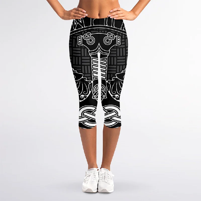 Mjolnir And Scandinavian Runes Print Women's Capri Leggings Comfortable Fleece-Lined Leggings Mjolnir And Scandinavian Runes Print Women's Capri Leggings Comfortable Fleece-Lined Leggings