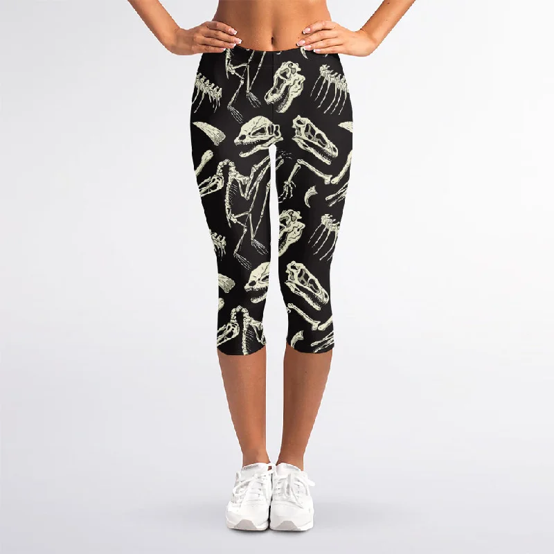 Monochrome Dinosaur Fossil Pattern Print Women's Capri Leggings Comfortable Athletic Tights Monochrome Dinosaur Fossil Pattern Print Women's Capri Leggings Comfortable Athletic Tights