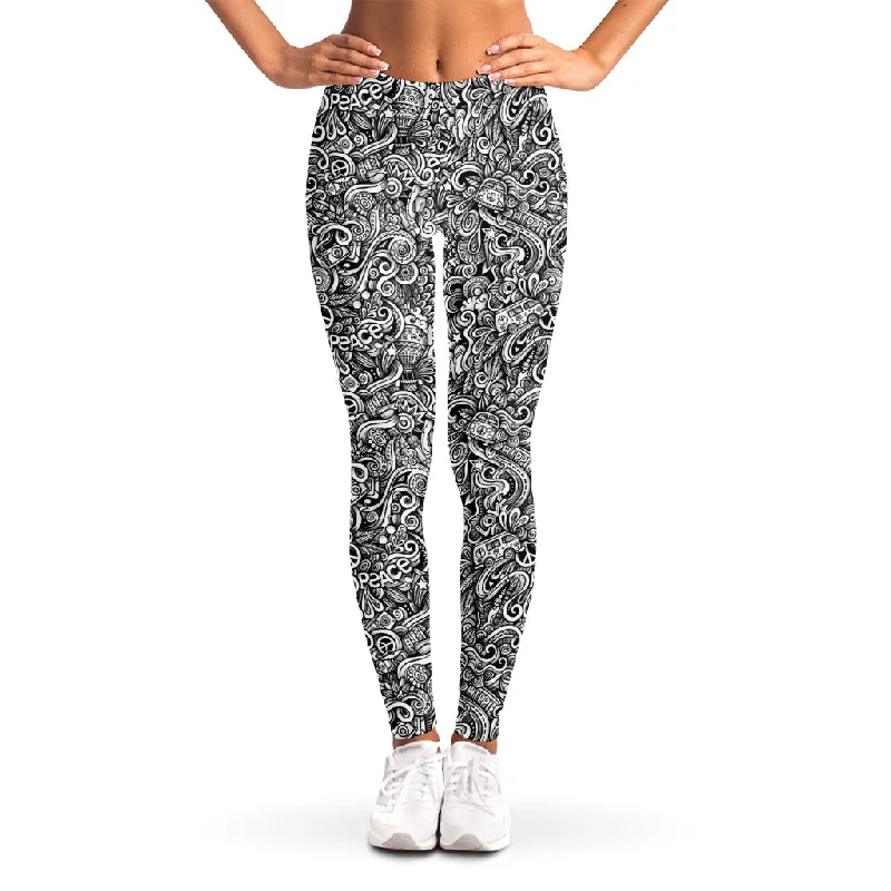 Monochrome Graffiti Hippie Pattern Print Women's Leggings Stylish Sweatproof Leggings Monochrome Graffiti Hippie Pattern Print Women's Leggings Stylish Sweatproof Leggings