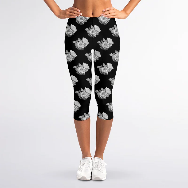 Monochrome Rose Pattern Print Women's Capri Leggings Cozy Fashion Leggings