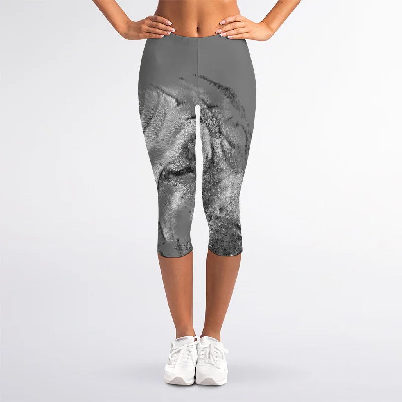 Monochrome Shar Pei Print Women's Capri Leggings Fashionable Embroidered Detail Leggings Monochrome Shar Pei Print Women's Capri Leggings Fashionable Embroidered Detail Leggings
