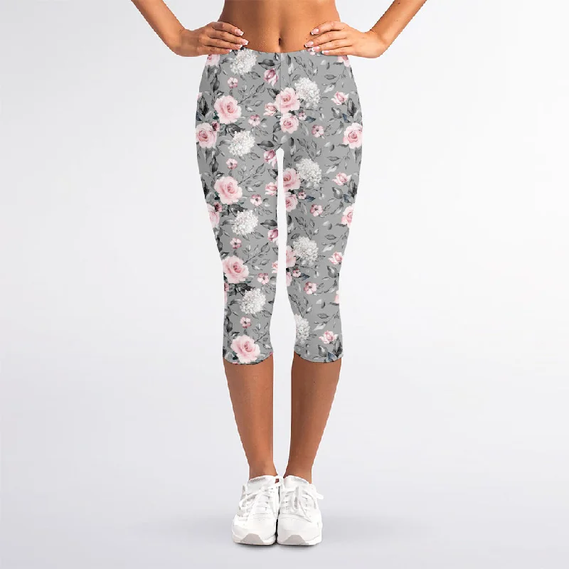 Monochrome Spring Floral Print Women's Capri Leggings Comfortable Leggings with Pockets Monochrome Spring Floral Print Women's Capri Leggings Comfortable Leggings with Pockets