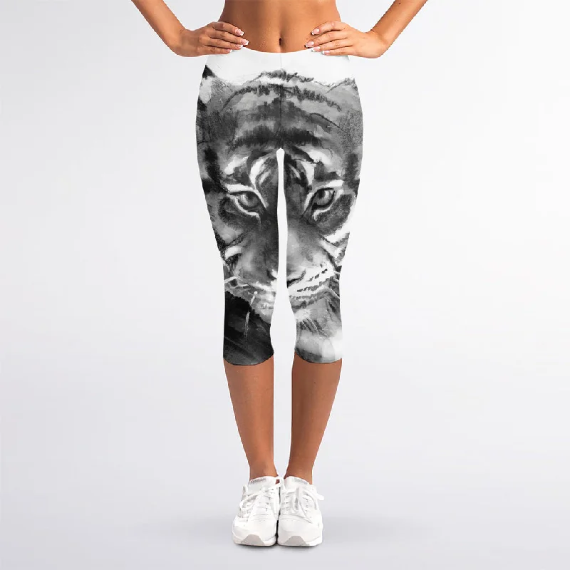 Monochrome Watercolor White Tiger Print Women's Capri Leggings Cozy Oversized Leggings Monochrome Watercolor White Tiger Print Women's Capri Leggings Cozy Oversized Leggings