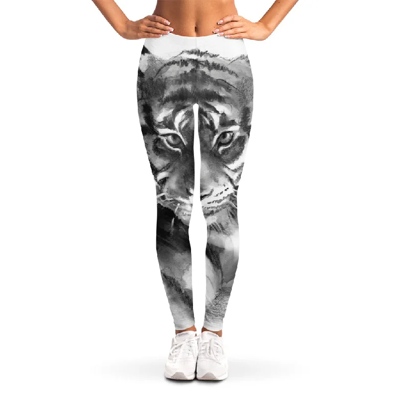 Monochrome Watercolor White Tiger Print Women's Leggings Comfortable Bootcut Workout Leggings Monochrome Watercolor White Tiger Print Women's Leggings Comfortable Bootcut Workout Leggings