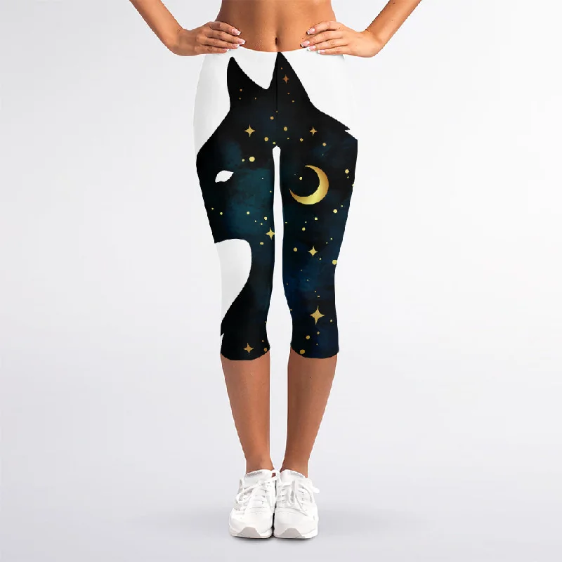 Moon And Stars Wolf Spirit Print Women's Capri Leggings Comfortable Cold Weather Leggings Moon And Stars Wolf Spirit Print Women's Capri Leggings Comfortable Cold Weather Leggings