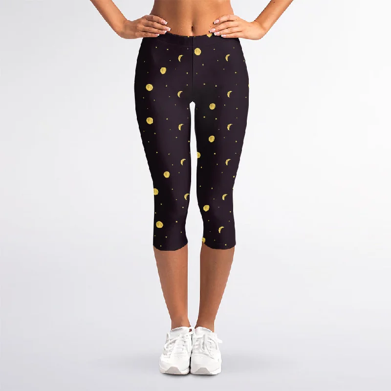 Moon Phase And Stars Pattern Print Women's Capri Leggings Comfortable Classic Yoga Leggings Moon Phase And Stars Pattern Print Women's Capri Leggings Comfortable Classic Yoga Leggings