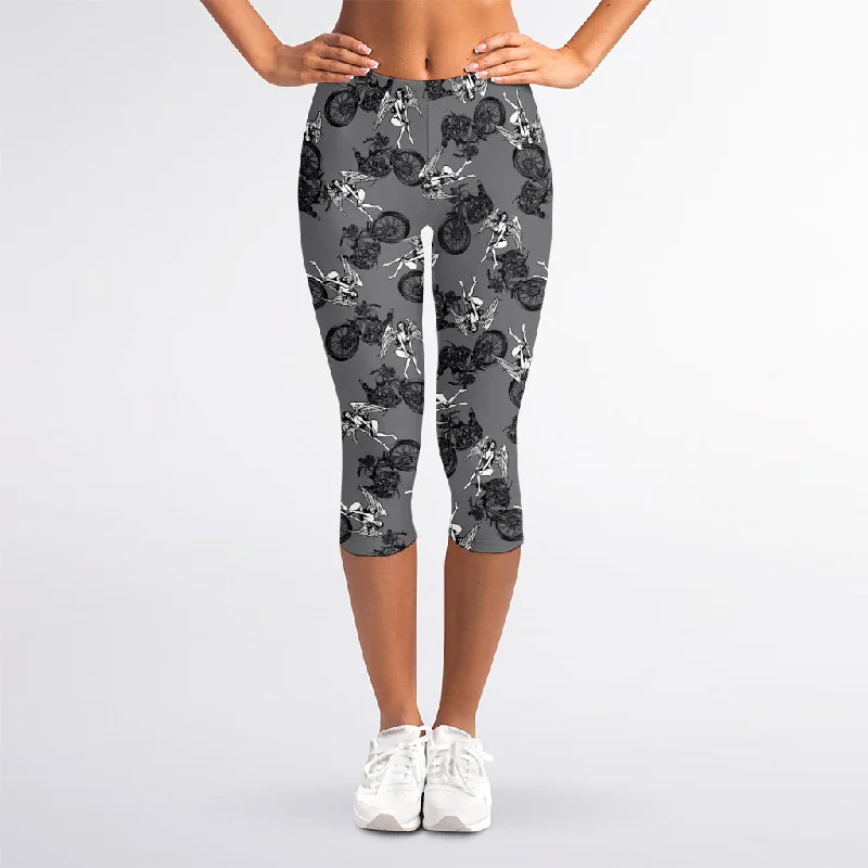 Motorcycle And Angel Pattern Print Women's Capri Leggings Fashionable Smooth Fit Leggings Motorcycle And Angel Pattern Print Women's Capri Leggings Fashionable Smooth Fit Leggings