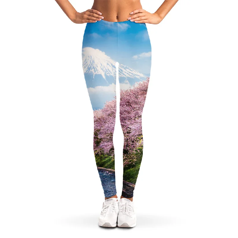 Mount Fuji And Cherry Blossom Print Women's Leggings Fashionable Leather-Look Leggings