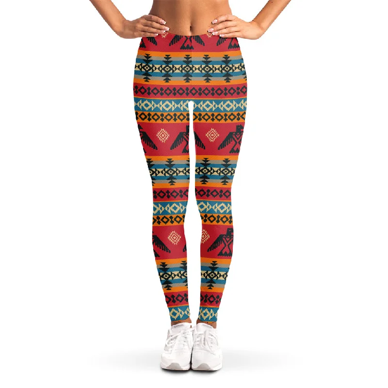 Native American Eagle Pattern Print Women's Leggings Stylish Side-Stripe Leggings