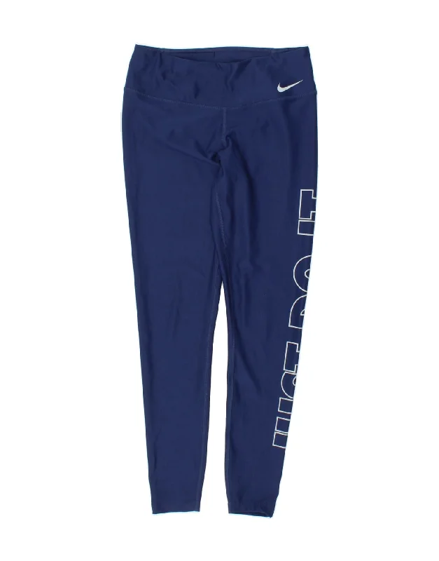 NIKE Womens Dri Fit Graphic Leggings UK 14 Medium Navy Blue Polyester Elegant Full-Body Leggings NIKE Womens Dri Fit Graphic Leggings UK 14 Medium Navy Blue Polyester Elegant Full-Body Leggings