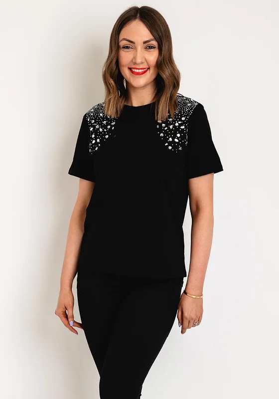 Serafina Collection Embellished Detail T-Shirt, Black Solid Print Embellished