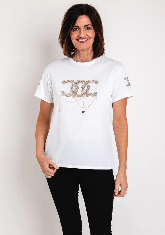 Serafina Collection Rhinestone Chain Detail T-Shirt, White Real Fur Shearling Chenille Serafina Collection Rhinestone Chain Detail T-Shirt, White Real Fur Shearling Chenille