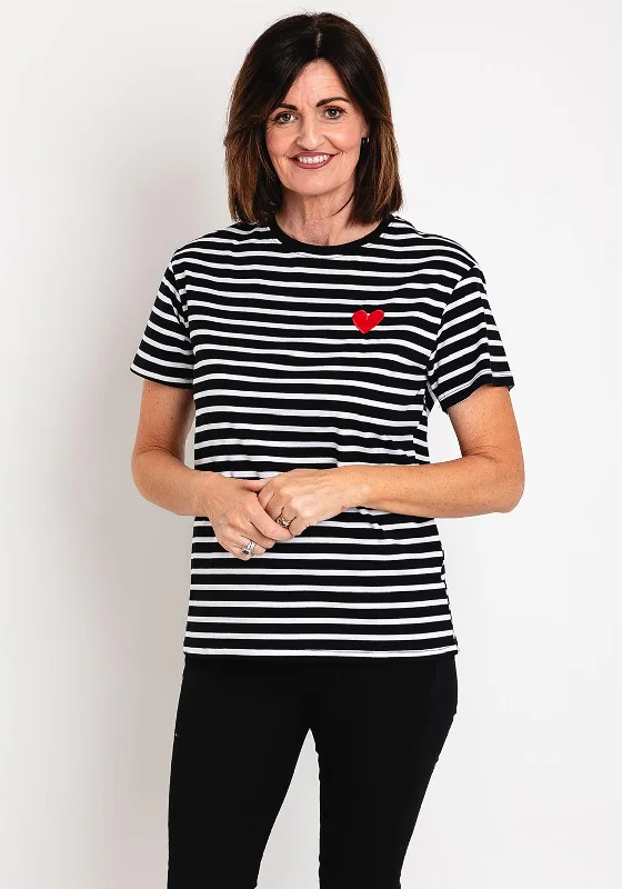 Serafina Collection Striped Heart Motif T-Shirt, Black Graphic Embroidered Appliqued Serafina Collection Striped Heart Motif T-Shirt, Black Graphic Embroidered Appliqued