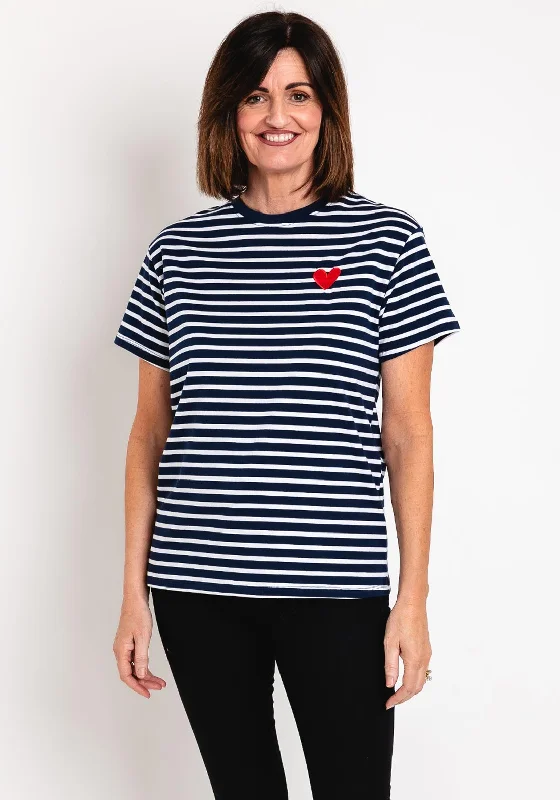 Serafina Collection Striped Heart Motif T-Shirt, Navy Handmade Hand-knitted Hand-woven Serafina Collection Striped Heart Motif T-Shirt, Navy Handmade Hand-knitted Hand-woven