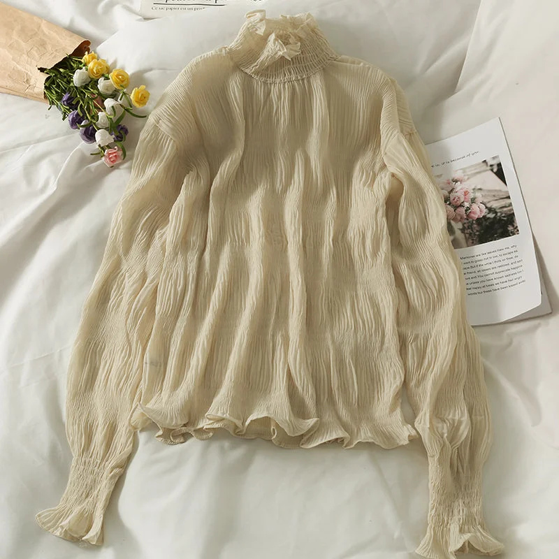 Versatile Pleated Chiffon shirt perspective bottoming shirt 1703 Real Fur Shearling Chenille Versatile Pleated Chiffon shirt perspective bottoming shirt 1703 Real Fur Shearling Chenille